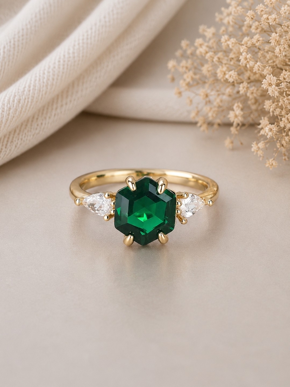 Elegant Green Hexagon Crystal Gold Ring with Side Stones